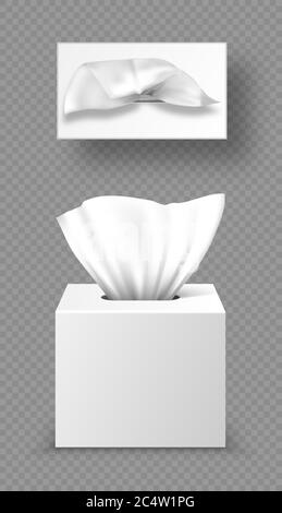 Papier Serviettenbox Mockup, Vorderansicht oben offene leere Pakete mit Taschentüchern. Hygienezubehör, weiße Kartonverpackungen isoliert auf grauem Hintergrund, realistische 3d-Vektorgrafik, Nachbildung Stock Vektor
