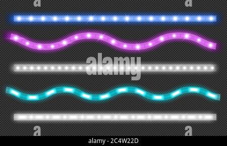 LED-Streifen mit Neonlicht-Effekt isoliert auf transparentem Hintergrund. Vector realistische Satz von farbigen Lichtstreifen und welligen glühenden Band mit blauen und weißen Lampe und Diodenkugeln Stock Vektor