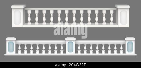 Marmorgeländer, weiße Balkongeländer oder Handläufe. Geländer oder Zaunabschnitte mit dekorativen Säulen. Platten Baluster für Architektur Design isolierte Elemente realistische 3d-Vektor-Illustration Stock Vektor