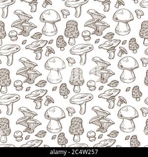 Steinpilz, Boletus edulis Pilze monochrome nahtlose Muster Stock Vektor