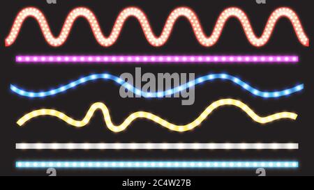 LED-Streifen mit Neonlicht-Effekt isoliert auf transparentem Hintergrund. Vector realistische Satz von farbigen Lichtstreifen und welligen glühenden Band mit rosa, rot, blau und weiß Lampe und Diodenkugeln Stock Vektor