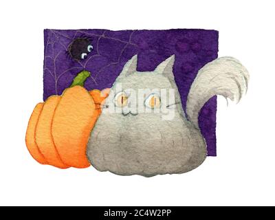 Katze, Kürbis und fette Spinne auf violettem Hintergrund. Aquarell Handmalerei Illustration. Design für halloween-Event. Beschneidungspfad. Stockfoto