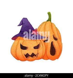 Geisterkürbis mit Hexenhut auf weißem Hintergrund. Aquarell Handmalerei Illustration. Design für halloween-Event. Beschneidungspfad. Stockfoto