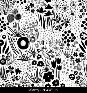 Monochrome Blumenfeld pastellschwarz auf weißem nahtlosem Vektor-Muster. Wiederholende Freiheit Doodle Blume Wiese Hintergrund. Skandinavischer Stil Linienkunst Stock Vektor