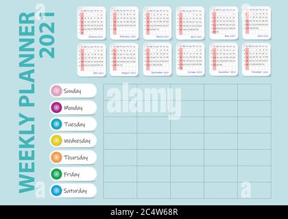Kalender von 2021 Jahren und leer Wochenplaner auf hellgrünem Hintergrund. Stock Vektor