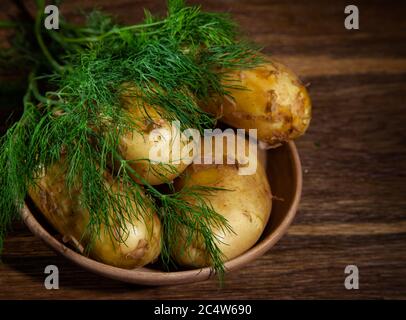 Junge Kartoffeln roh auf einem Teller mit Dill auf einem Holzhintergrund Stockfoto