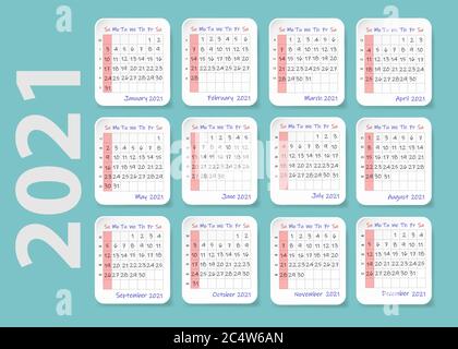 2021 Jahre Wandkalender, Woche beginnt Sonntag. Zwölf Blätter mit einem Kalender für jeden Monat des Jahres, Anzahl der Wochen und Tage des Monats. Stock Vektor