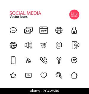 Symbol für die Linie „Soziale Medien“ eingestellt. Profilseite, Bewertung, soziale Links, Warenkorb, Startseite, Lupe, Nachricht, überprüfen, sperren. Vektor auf isoliertem Weiß Stock Vektor