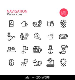 Kartenposition und Navigationslinesymbol festgelegt. PIN, Ziel, GPS, Mobiltelefon, flach, Entfernungsmarkierung, Ampel. Vektor auf isoliertem Weiß Stock Vektor
