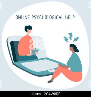 Frau bei der Psychologin Online-Sitzung. Arztberatung per Telefon. Videoanruf an Psychiater. Online-Psychotherapie. Flache Grafik Stock Vektor