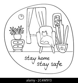 Bleib zu Hause, bleibe sicher. Quarantänekonzept. Handgezeichnete Doodle-Grafik Stock Vektor