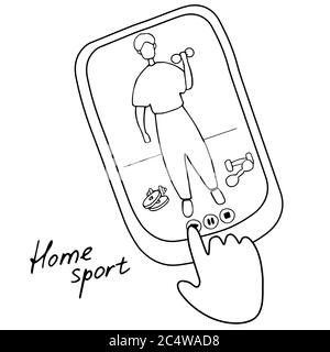 Sport Coach Training Sportsman Mobile App Mann macht Übung mit Hantel im Fitnessstudio. Flache Cartoon Vektor Illustration Stock Vektor