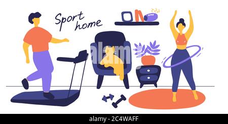 Sport zu Hause. Glückliche Familie Sportveranstaltungen. Ein Mann und ein Mädchen machen zu Hause ein Workout. Fitness-Training Übungen, gesunde Lebensweise. Vektor flach Stock Vektor
