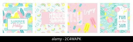 Entwerfen Sie Banner und Karte für die Sommersaison. Abstrakt geometrischen Hintergrund mit Sommerfrucht, tropischen Blättern und Strand-Szene. Sommer Verkauf und Sommer Text Stock Vektor