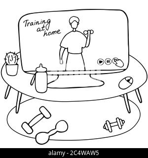 Sport Coach Website. Arbeitsplatz mit Kurzhanteln und Computer mit offenem Training Anwendung. Sportler, die mit Hantel trainieren im Fitnessstudio. Flacher Cartoon Stock Vektor