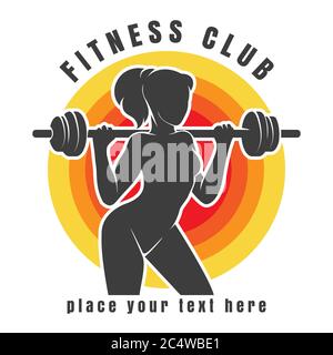 Fitness Club oder Gym Emblem. Athletische Frau Silhouette mit Langhantel. Vektorgrafik Stock Vektor