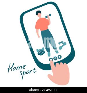 Sport Coach Training Sportsman Mobile App Mann macht Übung mit Hantel im Fitnessstudio. Flache Cartoon Vektor Illustration Stock Vektor