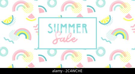 Promo Web Banner Vorlage für Sommer Verkauf. Sommer lustige Tapete im memphis Stil. Modische Styling-Vorlage mit Wassermelone, Zitrone und Regenbogen Stock Vektor