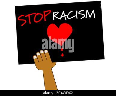Hand halten Schild Brett sagen Stop Rassismus und Tropfen Blut aus einem roten Herzen auf schwarzem Hintergrund. Protest gegen Gewalt gegen schwarze Menschen zu stoppen. Kämpfe für Stockfoto