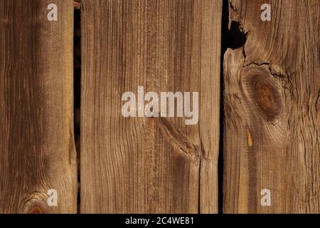 Nahaufnahme des Fragments der hölzernen Wand. Alte, gebleichte Bretter mit Knoten in der Sonne. Stockfoto