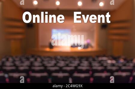 Online Event Text über Blur Foto von Konferenzsaal oder Seminarraum ohne Teilnehmerhintergrund, Offline ist vorbei, Online-Übertragung und Fernsehen Stockfoto