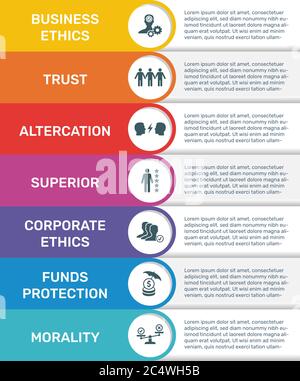 Vektor Infografik Banner Vorlage Business Ethics. Modernes flaches Farbdesign. Kann für Prozessdiagramm, Präsentationen, Workflow, Banner mit verwendet werden Stock Vektor
