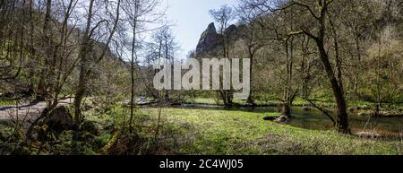 Panoramablick auf Dovedale im Frühling mit Blick auf die Jacob's Ladder Kalksteinformation, Peak District National Park, Derbyshire Stockfoto