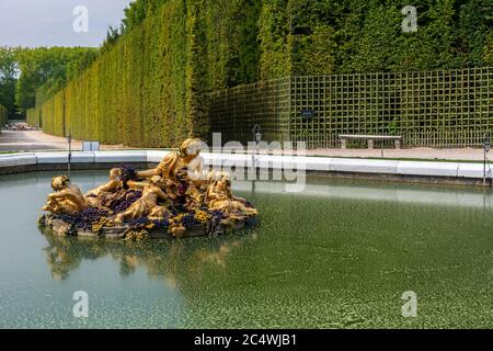 Versailles, Frankreich - 27. August 2019 : Bacchus-Brunnen oder Herbstbrunnen in Gärten des berühmten Schlosses von Versailles. Stockfoto
