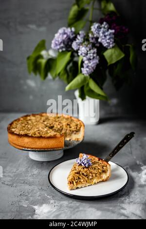 Apfelkuchen, ein Stück und ein volles, auf grauem Hintergrund, ein Flieder Bouquet, mit natürlichem Licht aufgenommen Stockfoto