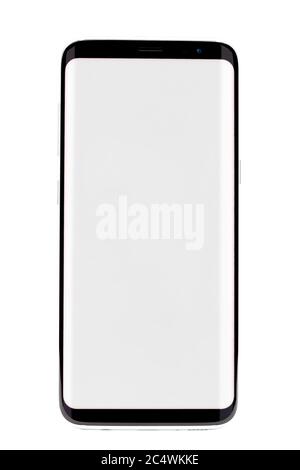 Schwarzes Smartphone mit weißem Bildschirm und abgerundeten Kanten Vorderansicht, Glas Handy isoliert auf weißem Hintergrund. Stockfoto