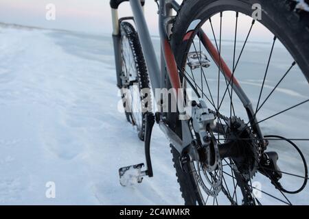 Mountainbike Aufenthalt im Schnee in der Nähe von gefrorenem Meer oder See. Details zu Hinterrad-Schalthebel und Scheibenbruch. Winter Fahrrad Nutzung und Wartung. Nieten Stockfoto