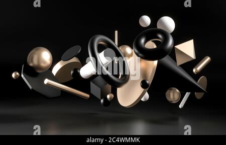 Minimalistischer Hintergrund von soliden geometrischen 3d-Formen, Würfel, Ringe, Kugeln, Kegel, Zylinder. 3d-Rendering, Gold und Schwarz. Stockfoto