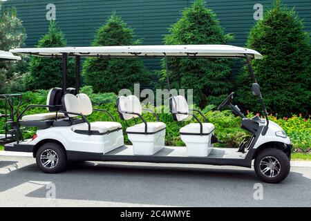 Weißes Elektroauto für den Transport von Passagieren im Golfclub auf dem Hintergrund eines Blumenbeete mit Evergreens und Thuja, leeres Auto mit weiß Stockfoto