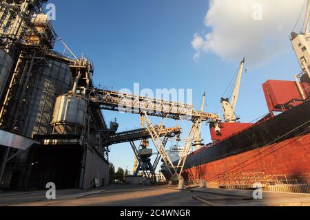Großer Getreideanleger am Seehafen. Getreide Massenumladung von der Straße zu Schiff. Beladen von Getreide auf dem Schiff von großen Aufzügen am Liegeplatz Stockfoto