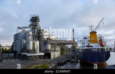 Großer Getreideanleger am Seehafen. Getreide Massenumladung von der Straße zu Schiff. Beladen von Getreide auf dem Schiff von großen Aufzügen am Liegeplatz Stockfoto