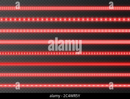 Rote LED-Streifen-Kollektion, helle leuchtende Bänder auf einem transparenten Hintergrund isoliert. Realistische Neon Girlanden. Stock Vektor