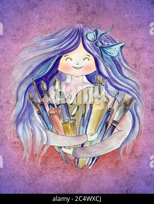 Mädchen mit blauen Linienhaaren und bunten Pinsel auf einem violetten Hintergrund:Aquarellfarbe:Kartendesign:Postkartendesign Stockfoto