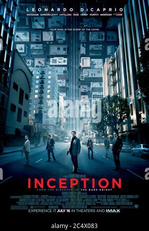 Inception (2010) Regie: Christopher Nolan mit Leonardo DiCaprio, Joseph Gordon-Levitt, Ellen Page, Tom Hardy und Ken Watanabe. Ein Team bricht in das Unterbewusstsein eines Geschäftsmannes mit Dream Sharing-Technologie ein, um eine Pflanze ein Saatgut, seine Entscheidung in der realen Welt zu beeinflussen. Stockfoto