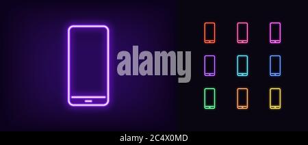 Neonsymbol für das Telefon. Glowing Neon Handy-Schild, Set von isolierten Smartphone in verschiedenen lebendigen Farben. Helles Symbol, Zeichen, Symbol für UI-Design. Mobile de Stock Vektor