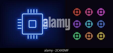 Neon-CPU-Symbol. Leuchtendes Neon-Mikrochip-Zeichen, Satz von isolierten Prozessor in verschiedenen lebendigen Farben. Helles Symbol, Zeichen, Symbol für UI-Design. Ce Stock Vektor