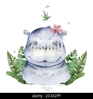 Handgezogene, niedliche, isolierte tropische Wasserfarben-Nilpferde Tiere im Sommer. Zwei Cartoon-Tierillustrationen der Familie Hippopotamus, Dschungelbaum und Blätter Stockfoto