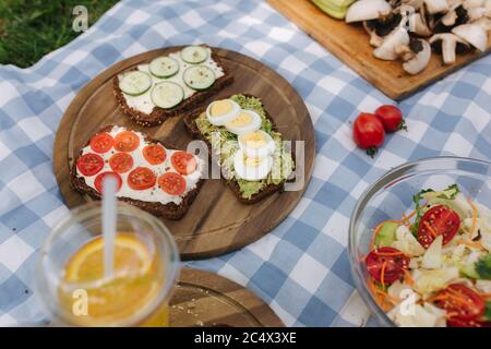 Picknickkorb mit gesunden vegetarischen Sandwiches auf blau karierter Decke im Park. Frisches Obst, Gemüse und Orangensaft. Vegetarisches Picknick Stockfoto