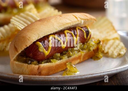Gegrillter Hot Dog mit Senf und genießen Sie auf einem Brötchen und Kartoffelchips auf einem weißen Teller Stockfoto