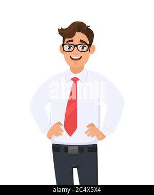 Porträt des jungen Geschäftsmannes in weißem Hemd und roter Krawatte, Hand auf Hüfte haltend, vor weißem Hintergrund stehend. Menschliche Emotionen und Geschäftsmann Stock Vektor