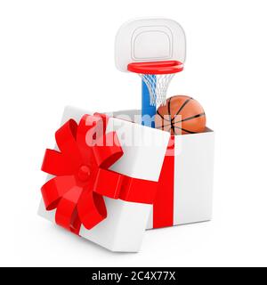 Basketball Ball und Kinder Spielzeug Basketball Ring mit Netz kommen aus der Geschenkbox mit rotem Band auf weißem Hintergrund. 3d-Rendering Stockfoto