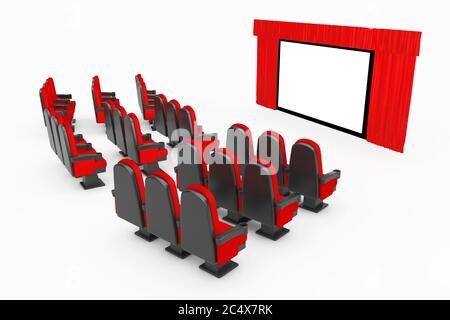 Red Cinema Movie bequeme Stühle vor dem Kinoleinwand mit offenem roten Vorhang auf weißem Hintergrund. 3d-Rendering Stockfoto