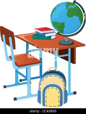 Schulschreibtisch mit Lehrbuch, Schulrucksack und Globus-Symbol isoliert auf weiß, Cartoon-Vektor-Illustration. Willkommen zurück zu Schulbedarf für das Studium in Stock Vektor
