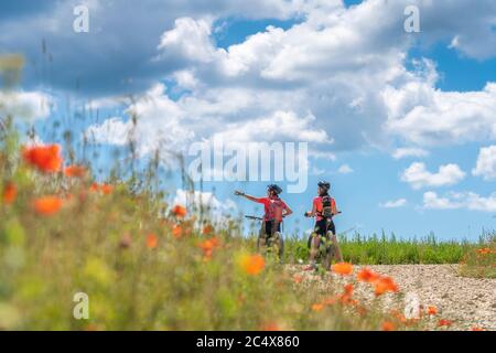 Großmutter und Enkelin unterwegs mit ihren Mountainbikes an einem sonnigen Sommertag zwischen roten Mohnblumen und Kornfeldern unter einem schönen blauen Himmel Stockfoto