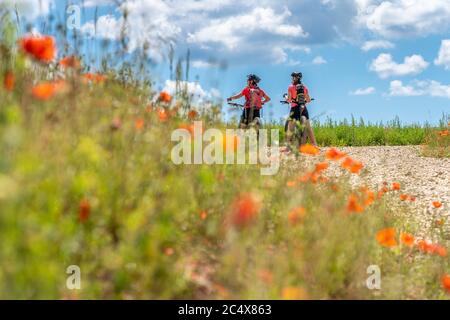 Großmutter und Enkelin unterwegs mit ihren Mountainbikes an einem sonnigen Sommertag zwischen roten Mohnblumen und Kornfeldern unter einem schönen blauen Himmel Stockfoto