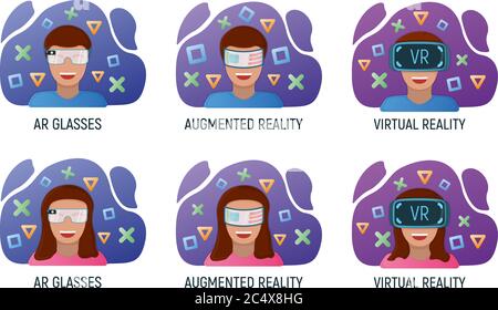 Männliche und weibliche Charakter in Virtual-Reality-Brille, moderne Technologie Augmented Reality isoliert auf weißen, flachen Vektor-Illustration. Zukünftige Hardware Stock Vektor